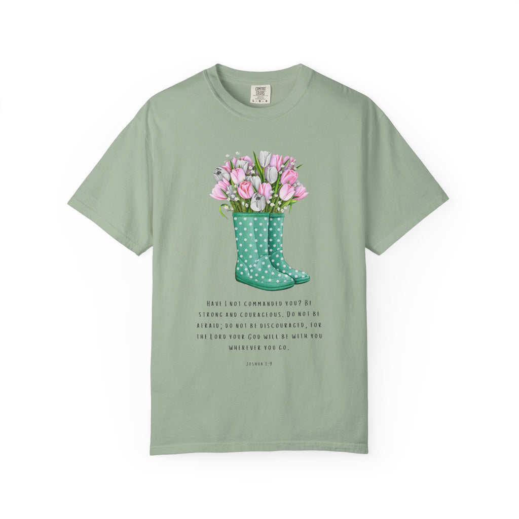 Tulip Rain Boot T-Shirt — Floral Bouquet Graphic Tee with Polka Dot Wellies