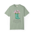 Tulip Rain Boot T-Shirt — Floral Bouquet Graphic Tee with Polka Dot Wellies