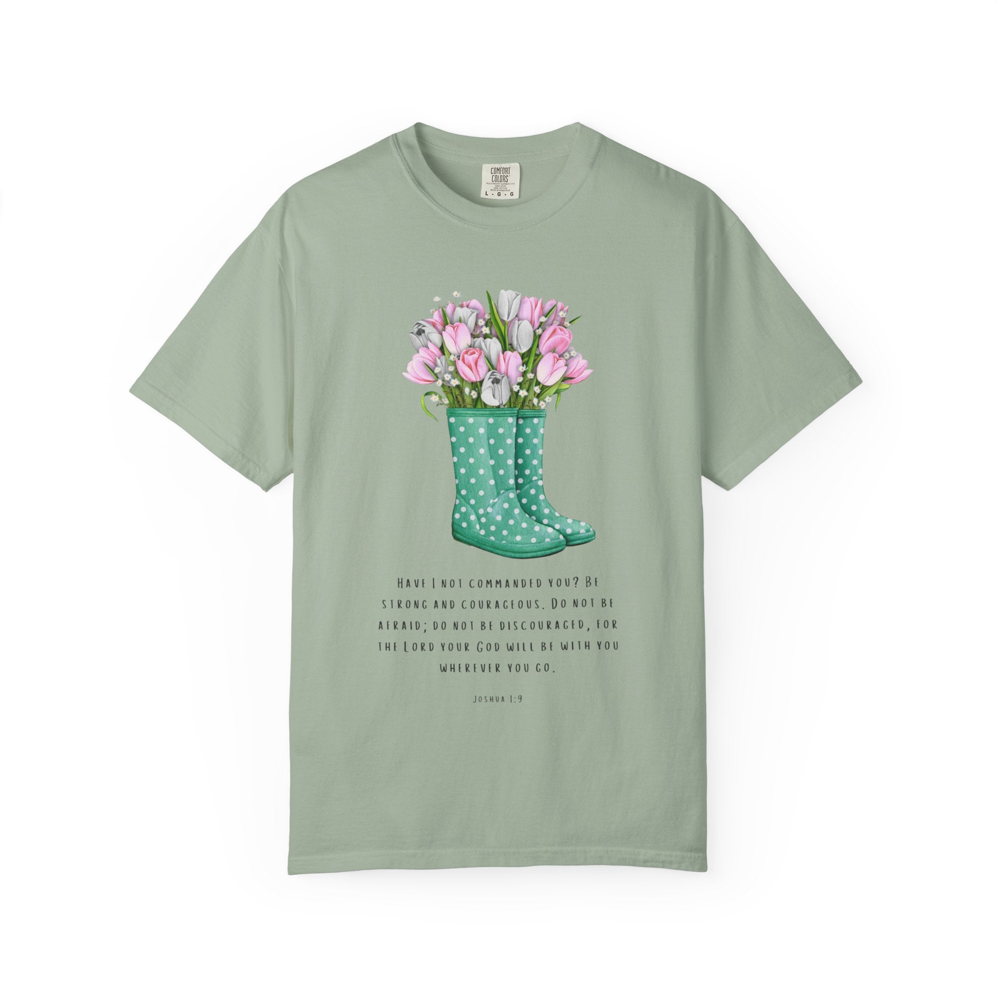 Tulip Rain Boot T-Shirt — Floral Bouquet Graphic Tee with Polka Dot Wellies