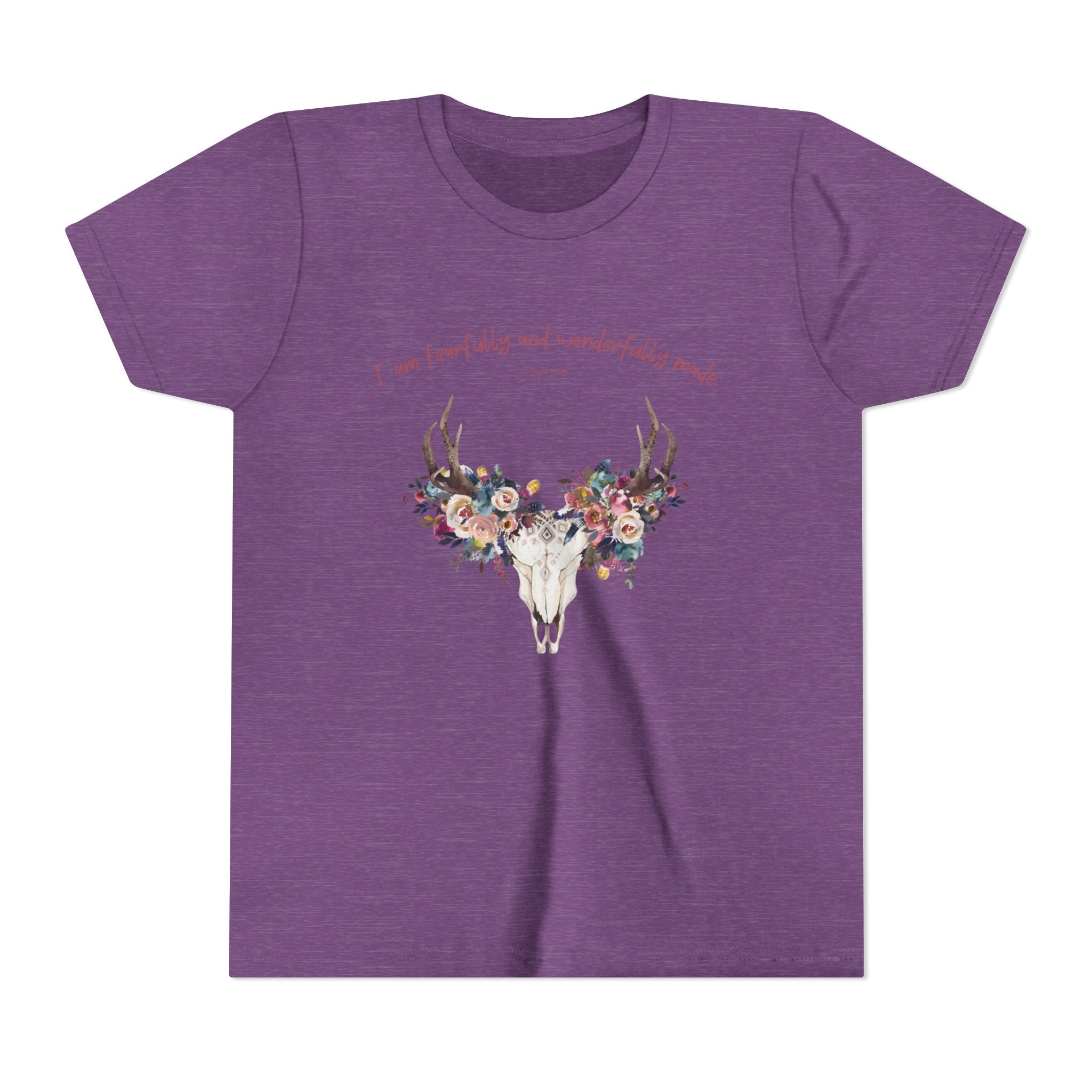 Floral Deer Skull Youth Tee | Psalm 139:14 Faith Tee | Girl Gift