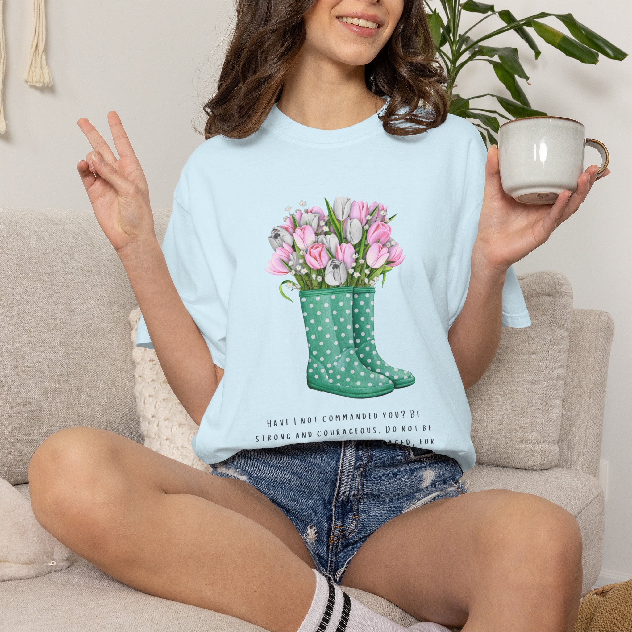Tulip Rain Boot T-Shirt — Floral Bouquet Graphic Tee with Polka Dot Wellies