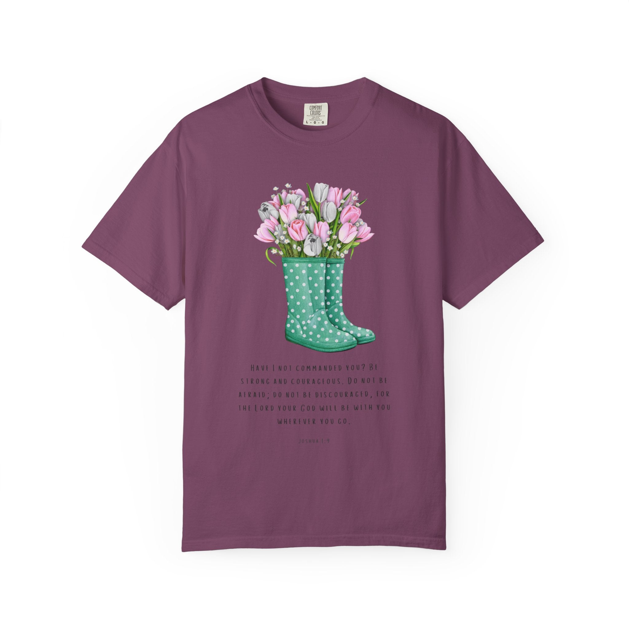 Tulip Rain Boot T-Shirt — Floral Bouquet Graphic Tee with Polka Dot Wellies