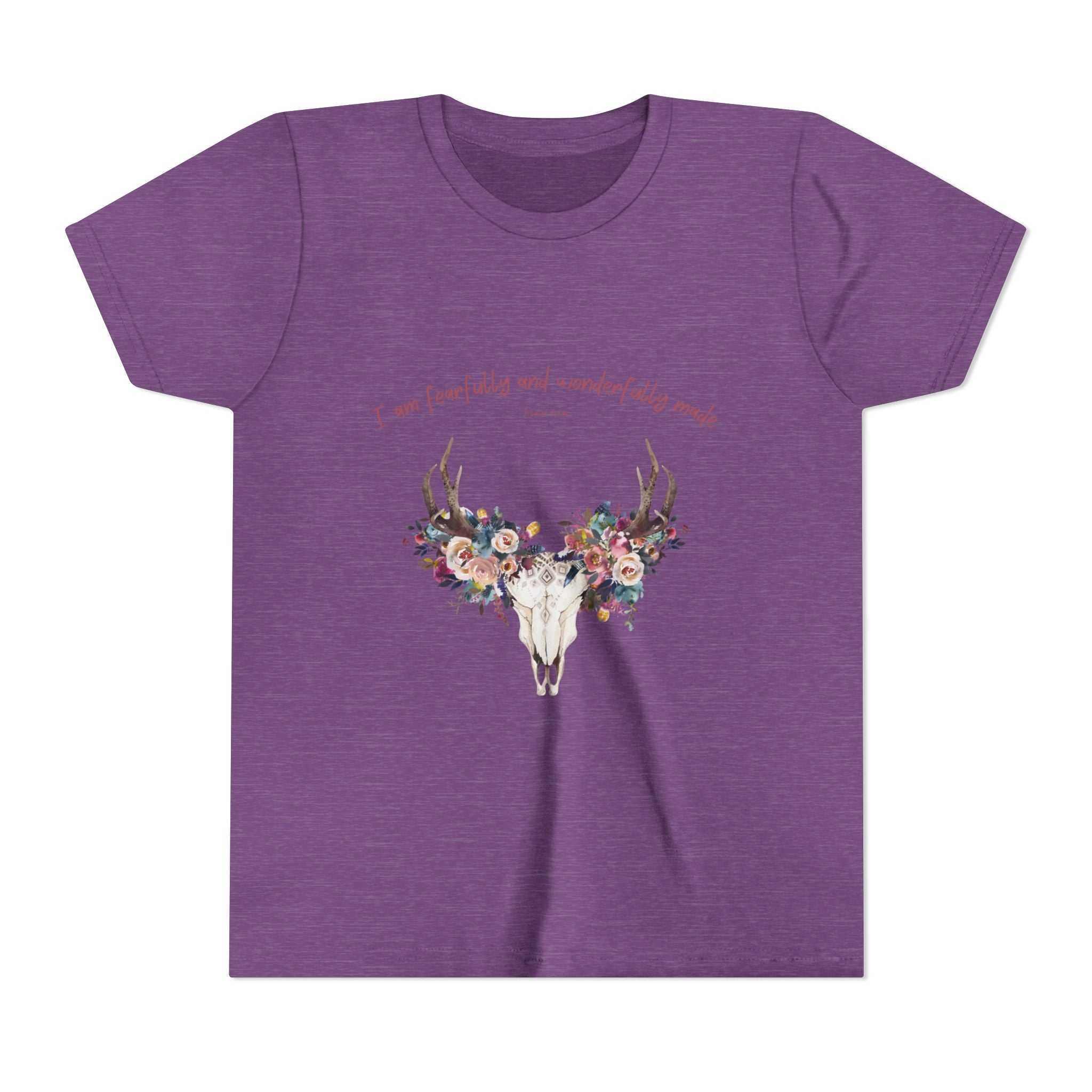 Youth Tee — Floral Antler Skull “I am fearfully and wonderfully made” Inspirational Shirt