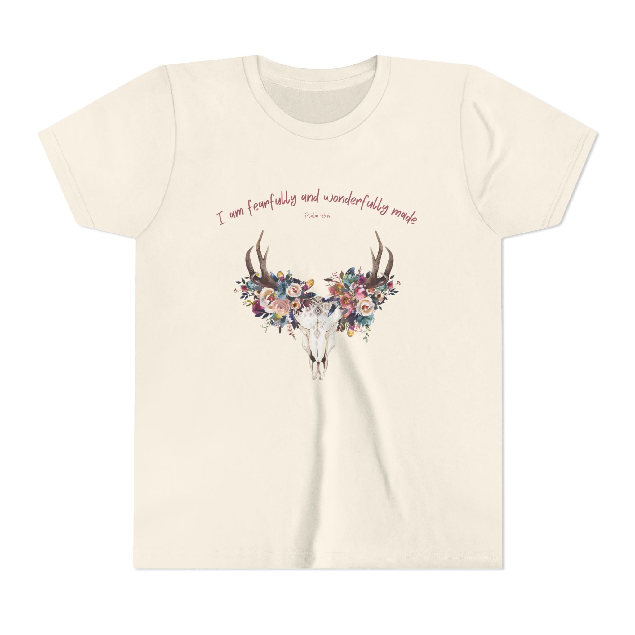 Floral Deer Skull Youth Tee | Psalm 139:14 Faith Tee | Girl Gift