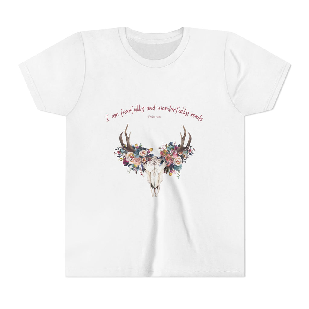 Youth Tee — Floral Antler Skull “I am fearfully and wonderfully made” Inspirational Shirt