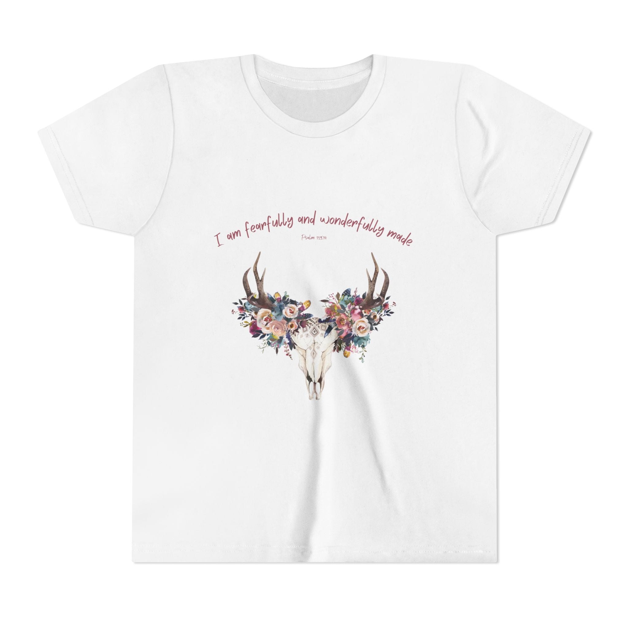 Youth Tee — Floral Antler Skull “I am fearfully and wonderfully made” Inspirational Shirt