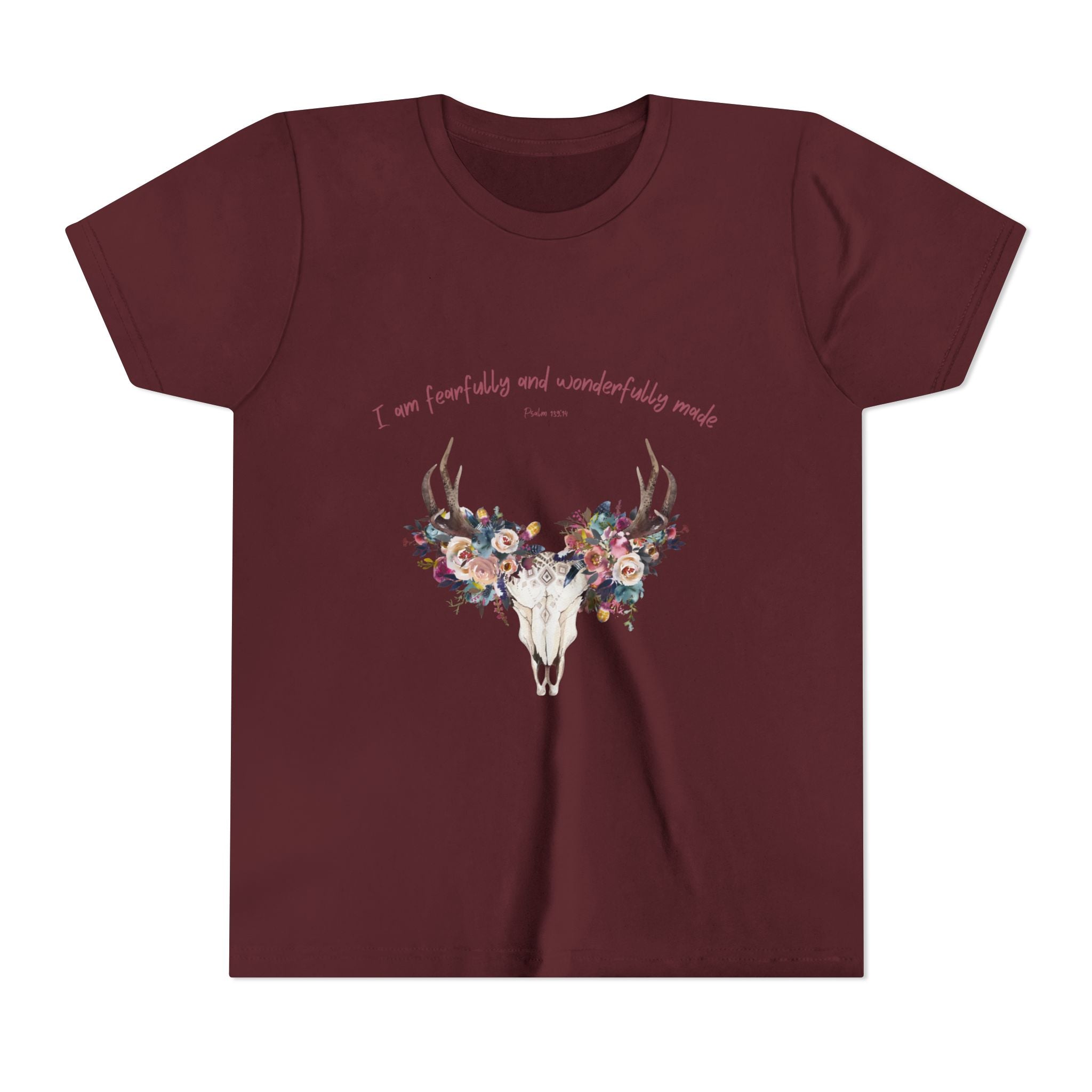 Youth Tee — Floral Antler Skull “I am fearfully and wonderfully made” Inspirational Shirt