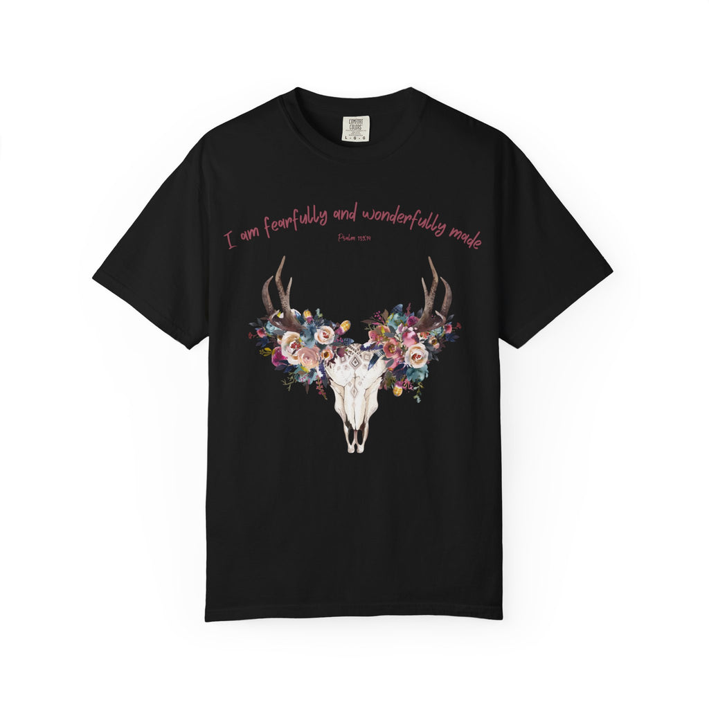 Floral Deer Skull T-Shirt — "I am fearfully and wonderfully made" Christian Floral Tee