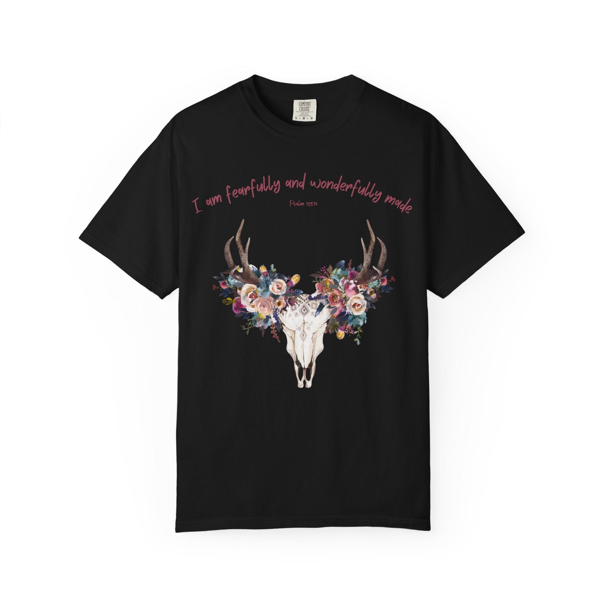 Floral Deer Skull T-Shirt — "I am fearfully and wonderfully made" Christian Floral Tee