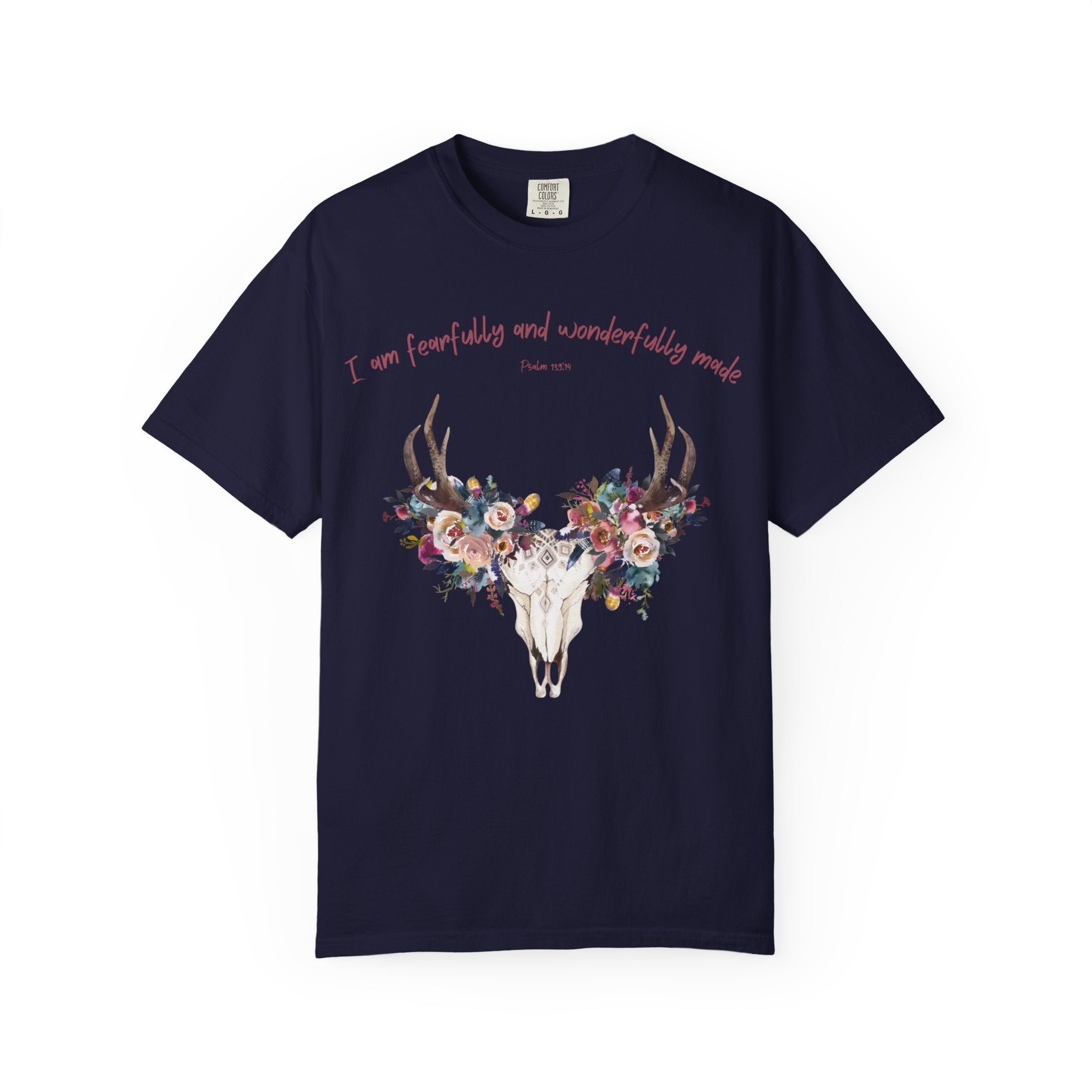 Floral Deer Skull T-Shirt — "I am fearfully and wonderfully made" Christian Floral Tee