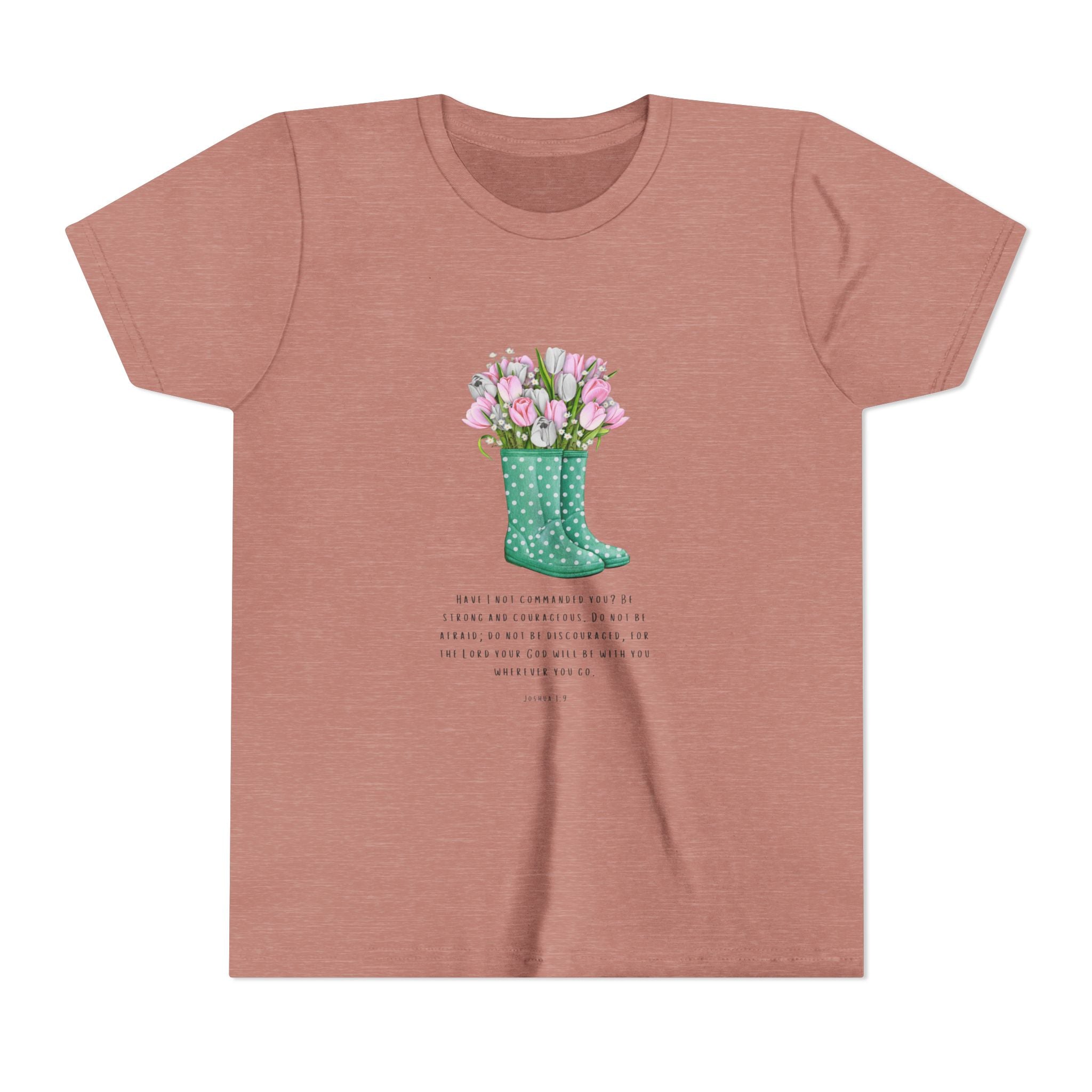Youth Tee — Green Polka Dot Rain Boot with Pink Tulips Floral Shirt