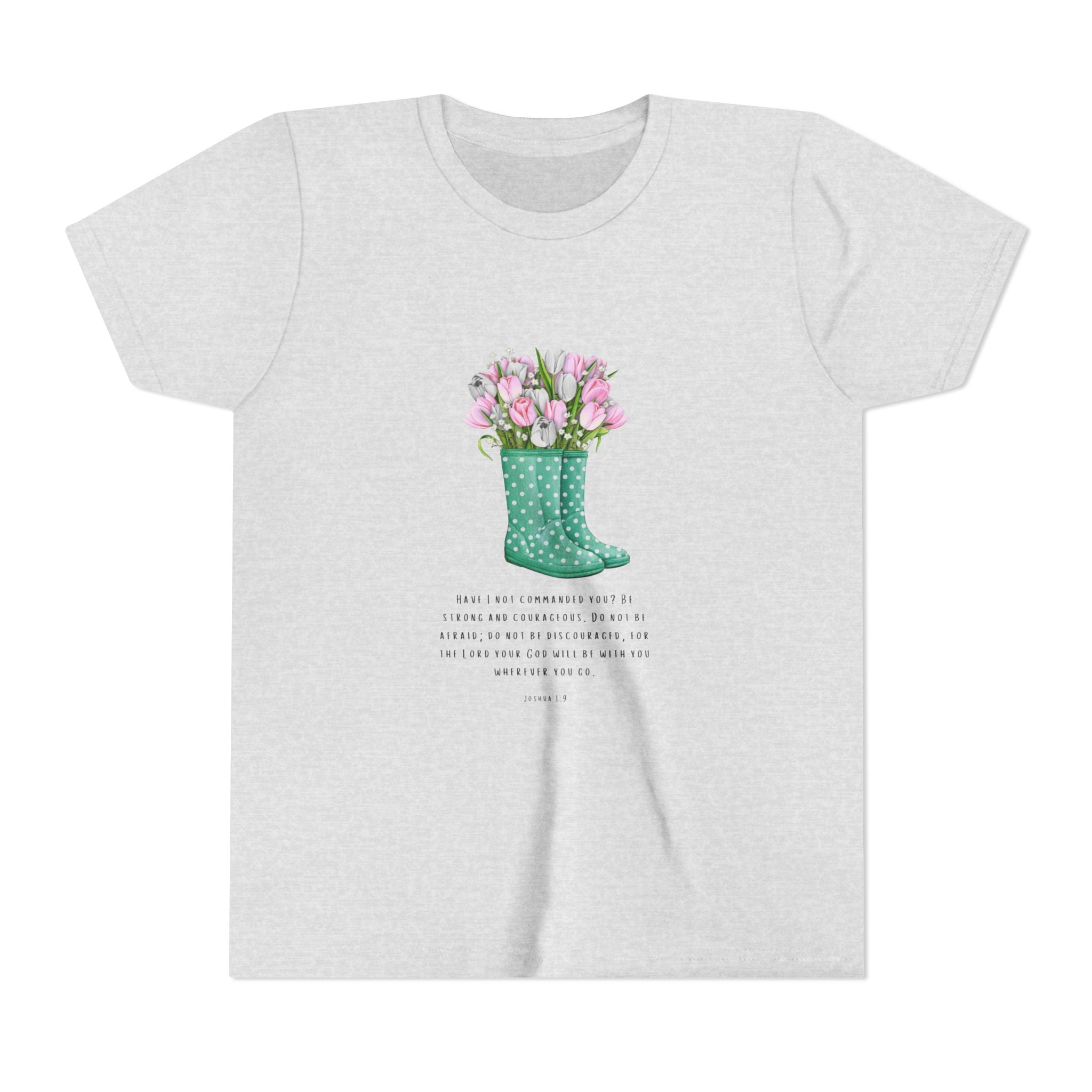 Youth Tee — Green Polka Dot Rain Boot with Pink Tulips Floral Shirt