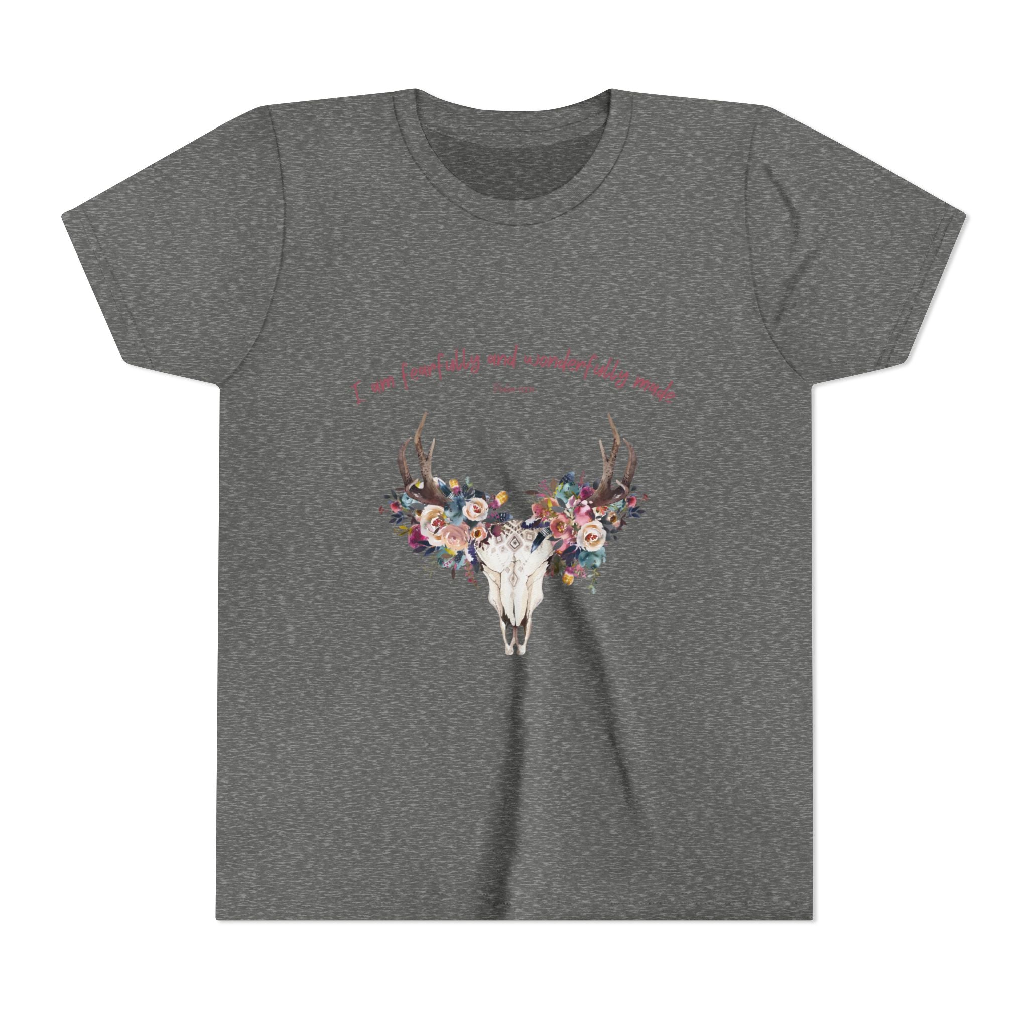 Youth Tee — Floral Antler Skull “I am fearfully and wonderfully made” Inspirational Shirt
