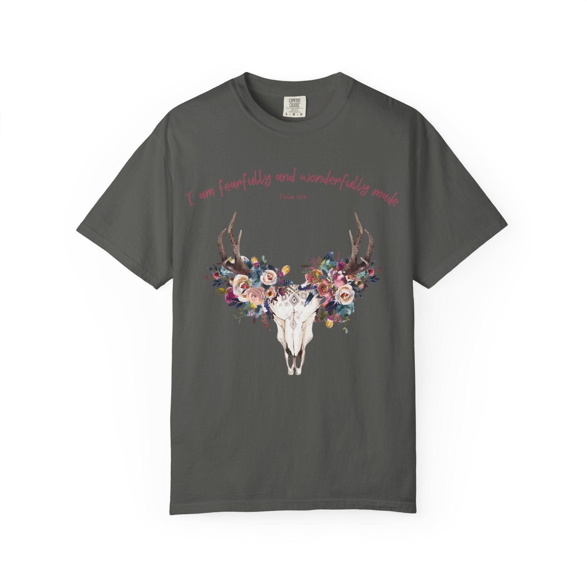 Floral Deer Skull T-Shirt — "I am fearfully and wonderfully made" Christian Floral Tee